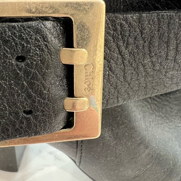 CHLOE mid calf black embossed leather round toe block heel moto boots size 37 - Picture 3 of 12